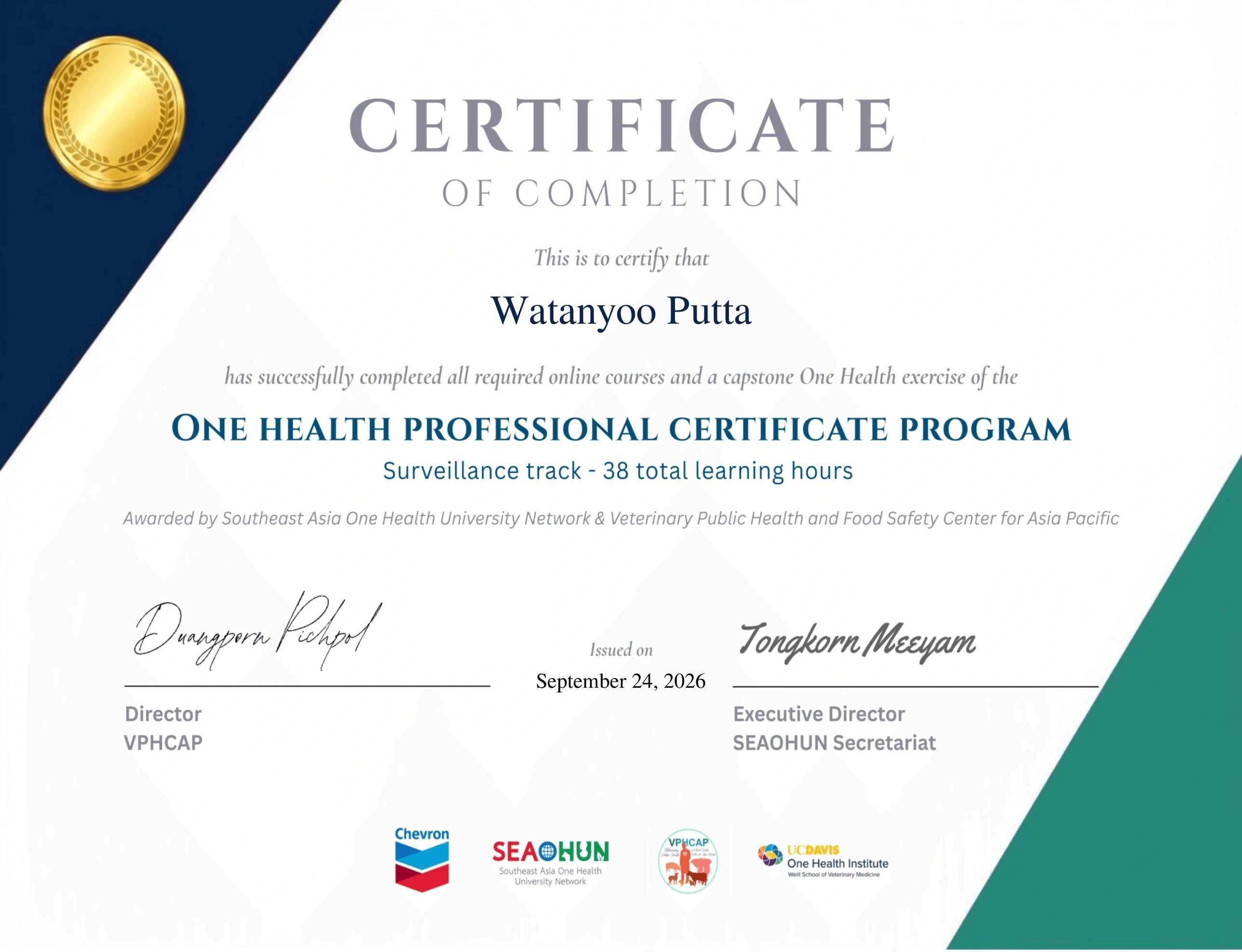 One Health Professional Certificate of Completion, Surveillance track, issued 24 September 2026